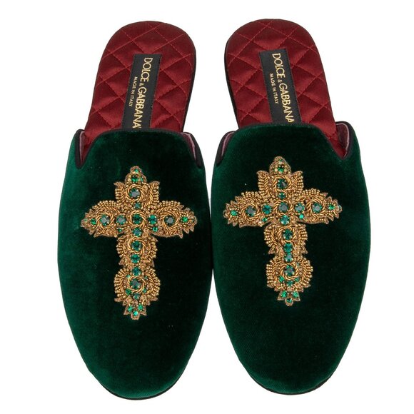 Dolce & Gabbana - Crystal Gold Cross Shoes Slipper Mules BRAMANTE Emerald Green - Picture 1 of 5